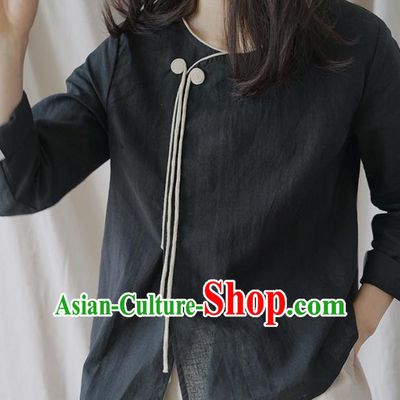 Traditional Chinese Tang Suit Black Shirt Blogger Li Ziqi Flax Blouse Costume for Women