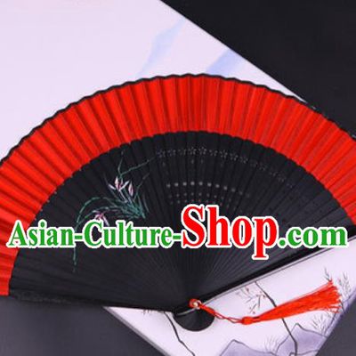 Chinese Traditional Painting Orchid Red Silk Folding Fans Handmade Accordion Classical Dance Bamboo Fan