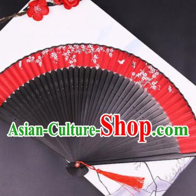Chinese Traditional Painting Plum Butterfly Red Silk Folding Fans Handmade Accordion Classical Dance Bamboo Fan