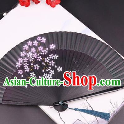 Chinese Traditional Painting Deep Gray Silk Folding Fans Handmade Accordion Classical Dance Bamboo Fan