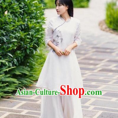 Traditional Chinese Tang Suit White Flax Qipao Dress Blogger Li Ziqi Costume for Women