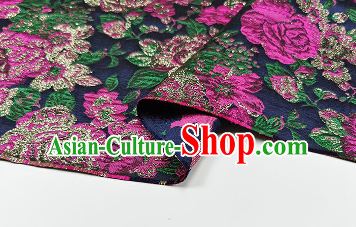 Chinese Classical Roses Pattern Design Navy Brocade Fabric Asian Traditional Hanfu Satin Material Chinese Classical Roses Pattern Design Navy Brocade Fabric Asian Traditional Hanfu Satin Material