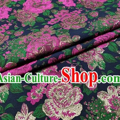Chinese Classical Roses Pattern Design Navy Brocade Fabric Asian Traditional Hanfu Satin Material