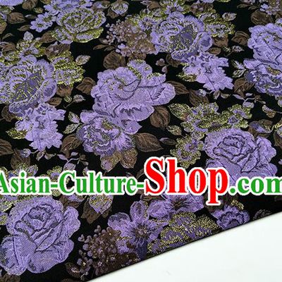 Chinese Classical Purple Roses Pattern Design Green Brocade Fabric Asian Traditional Hanfu Satin Material