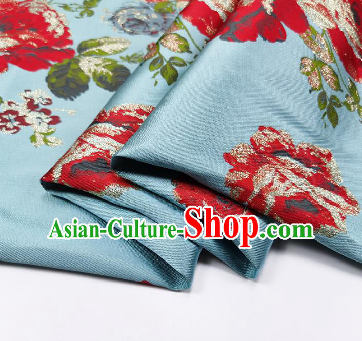 Chinese Classical Roses Pattern Design Blue Brocade Fabric Asian Traditional Hanfu Satin Material Chinese Classical Roses Pattern Design Blue Brocade Fabric Asian Traditional Hanfu Satin Material