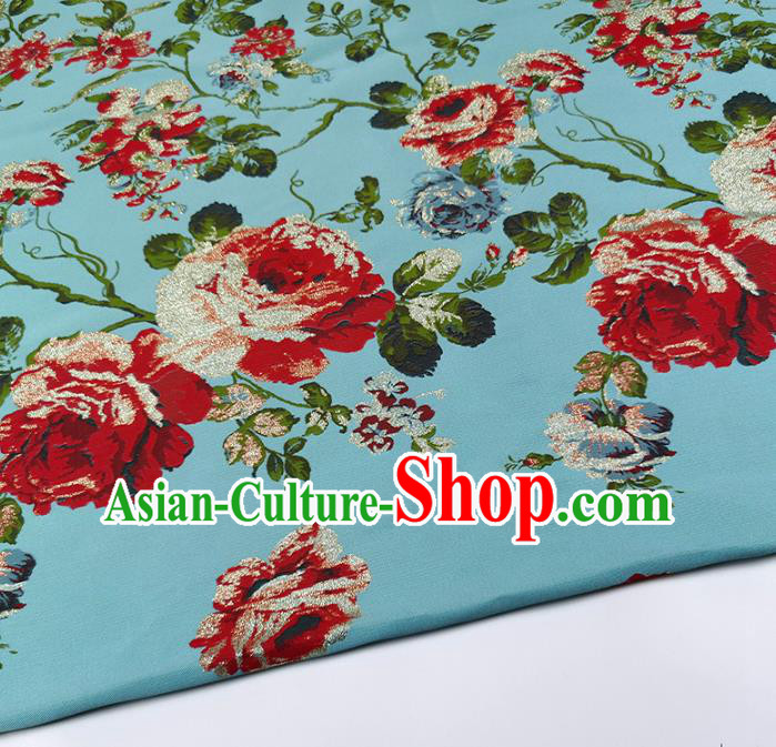 Chinese Classical Roses Pattern Design Blue Brocade Fabric Asian Traditional Hanfu Satin Material Chinese Classical Roses Pattern Design Blue Brocade Fabric Asian Traditional Hanfu Satin Material
