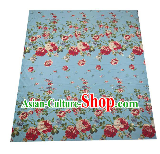 Chinese Classical Roses Pattern Design Blue Brocade Fabric Asian Traditional Hanfu Satin Material Chinese Classical Roses Pattern Design Blue Brocade Fabric Asian Traditional Hanfu Satin Material