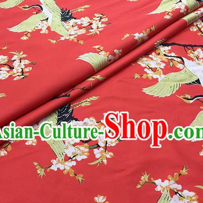 Chinese Classical Crane Plum Pattern Design Red Brocade Fabric Asian Traditional Hanfu Satin Material