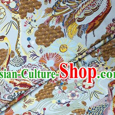 Chinese Classical Crane Pattern Design Light Blue Brocade Fabric Asian Traditional Hanfu Satin Material