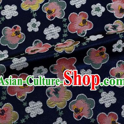 Japanese Traditional Oriental Cherry Pattern Design Navy Brocade Fabric Asian Kimono Tapestry Satin