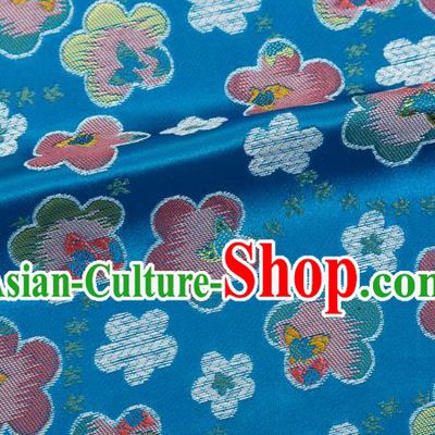 Japanese Traditional Oriental Cherry Pattern Design Blue Brocade Fabric Asian Kimono Tapestry Satin
