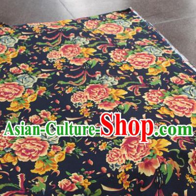 Chinese Classical Phoenix Peony Pattern Design Navy Fabric Asian Traditional Hanfu Cloth Material