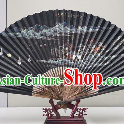 Traditional Chinese Printing West Lake Scenery Black Paper Folding Fan China Bamboo Fan Oriental Fan