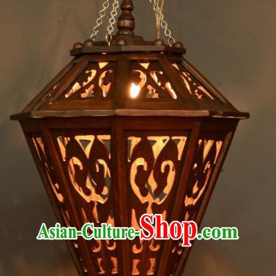 Asian Traditional Carving Wood Ceiling Lantern Thailand Handmade Lanterns Hanging Lamps