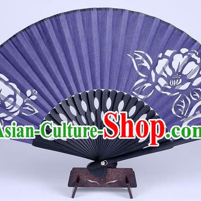 Traditional Chinese Handmade Printing Flower Purple Silk Folding Fan China Accordion Fan Oriental Fan