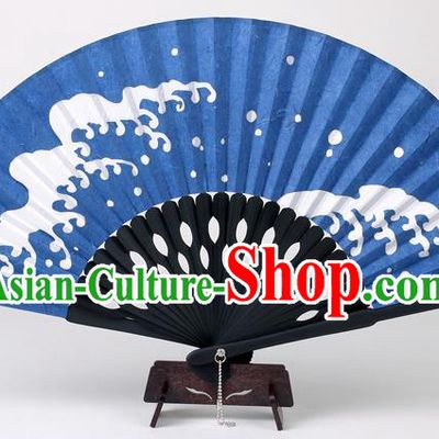 Traditional Chinese Handmade Printing Wave Blue Silk Folding Fan China Accordion Fan Oriental Fan