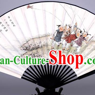 Traditional Chinese Handmade Printing Children Paper Folding Fan China Wenge Accordion Fan Oriental Fan