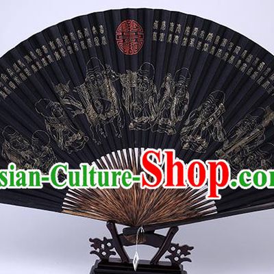 Traditional Chinese Handmade Printing Longevity Immortal Black Paper Folding Fan China Bamboo Accordion Fan Oriental Fan