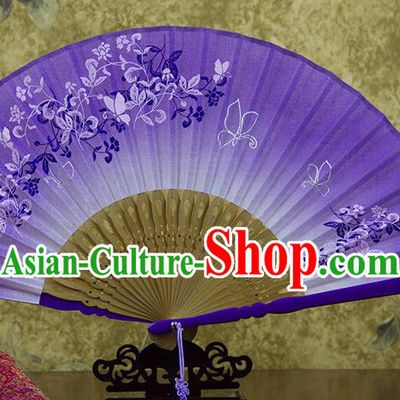 Traditional Chinese Printing Vine Flowers Purple Flax Fan China Bamboo Accordion Folding Fan Oriental Fan