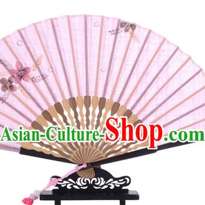 Traditional Chinese Printing Flowers Pink Flax Fan China Bamboo Accordion Folding Fan Oriental Fan