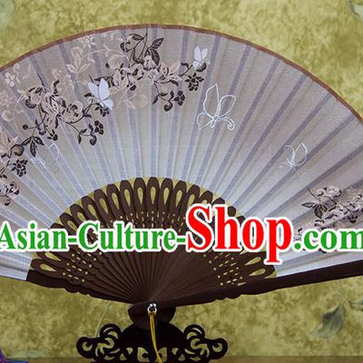 Traditional Chinese Printing Vine Flowers Brown Flax Fan China Bamboo Accordion Folding Fan Oriental Fan