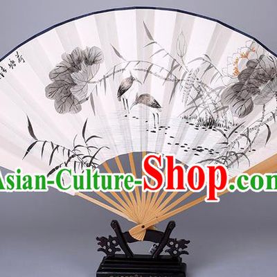 Traditional Chinese Handmade Ink Painting Lotus Paper Folding Fan China Accordion Fan Oriental Fan