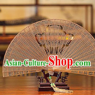 Traditional Chinese Hand Carving Censer Sandalwood Fan China Accordion Folding Fan Oriental Fan