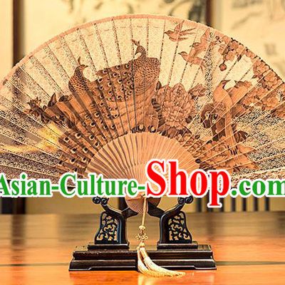 Traditional Chinese Hand Carving Peacock Sandalwood Fan China Accordion Folding Fan Oriental Fan