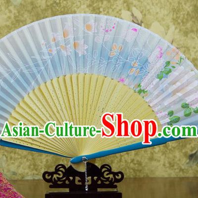 Traditional Chinese Printing Chrysanthemum Light Blue Silk Fan China Bamboo Accordion Folding Fan Oriental Fan