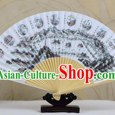 Traditional Chinese Ink Painting West Lake Landscape Art Paper Fan China Bamboo Accordion Folding Fan Oriental Fan