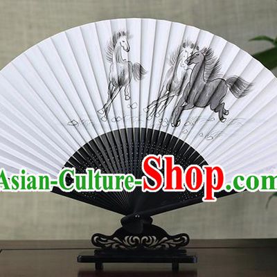 Traditional Chinese Ink Painting Horses Landscape Art Paper Fan China Bamboo Accordion Folding Fan Oriental Fan