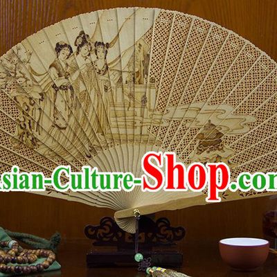 Traditional Chinese Hand Carving Beauty Diao Chan Sandalwood Fan China Wood Accordion Folding Fan Oriental Fan