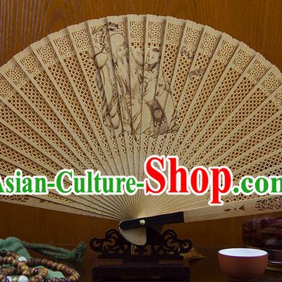 Traditional Chinese Hand Carving Longevity Immortal Sandalwood Fan China Wood Accordion Folding Fan Oriental Fan