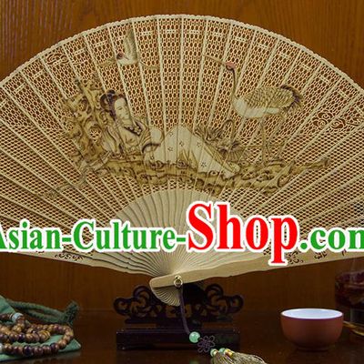 Traditional Chinese Hand Carving Crane Beauty Sandalwood Fan China Wood Accordion Folding Fan Oriental Fan