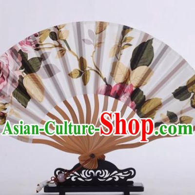 Traditional Chinese Printing Rose White Silk Fan China Bamboo Accordion Folding Fan Oriental Fan