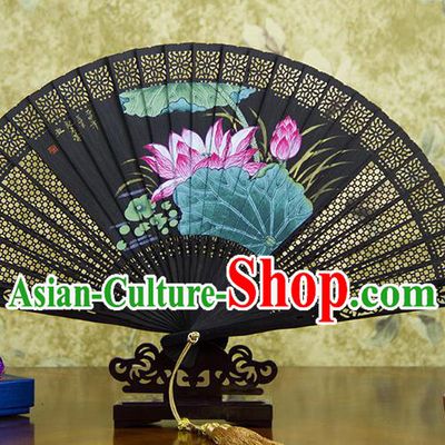 Traditional Chinese Hand Painting Lotus Ebony Fan China Accordion Folding Fan Oriental Fan