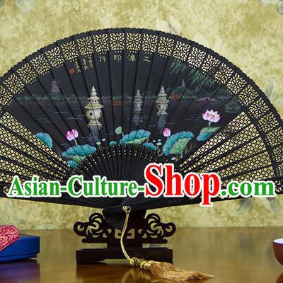 Traditional Chinese Hand Painting West Lake Ebony Fan China Accordion Folding Fan Oriental Fan