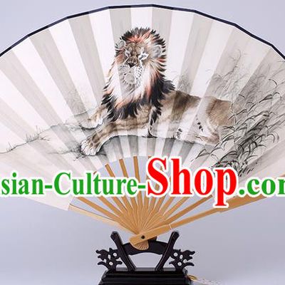 Traditional Chinese Hand Painting Lion Paper Fan China Bamboo Accordion Folding Fan Oriental Fan