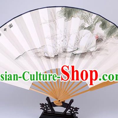 Traditional Chinese Hand Painting Rabbit Paper Fan China Bamboo Accordion Folding Fan Oriental Fan
