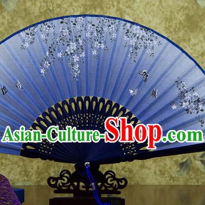Traditional Chinese Printing Wisteria Butterfly Blue Flax Fan China Bamboo Accordion Folding Fan Oriental Fan