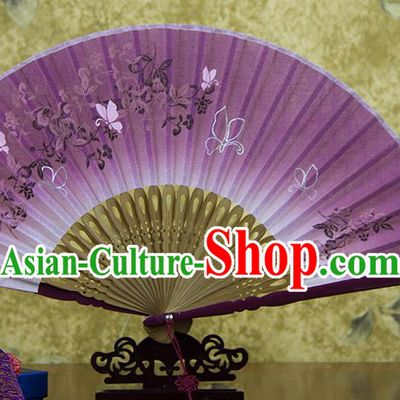 Traditional Chinese Printing Flowers Purple Flax Fan China Bamboo Accordion Folding Fan Oriental Fan