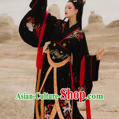 Traditional Chinese Ancient Goddess Black Hanfu Dress Han Dynasty Imperial Consort Historical Costumes for Women