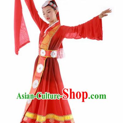 Chinese Tibetan Ethnic Dance Red Dress Traditional Zang Nationality Stage Performance Costume for Women
