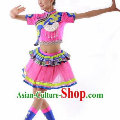 Chinese Miao Ethnic Dance Pink Short Dress Traditional Hmong Nationality Stage Performance Costume for Women