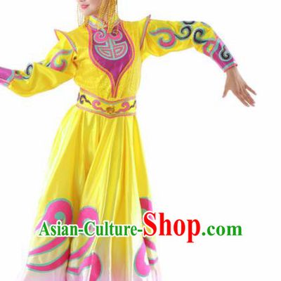 Chinese Mongolian Ethnic Dance Yellow Dress Traditional Mongol Nationality Stage Performance Costume for Women