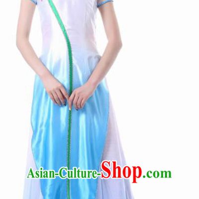 Chinese Classical Dance Blue Qipao Dress Traditional Fan Dance Stage Performance Costume for Women