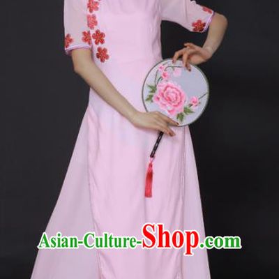 Chinese Fan Dance Pink Qipao Dress Traditional Classical Dance Stage Performance Costume for Women