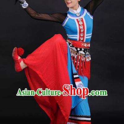 Chinese Tujia Ethnic Dance Blue Dress Traditional Yi Nationality Stage Performance Costume for Women
