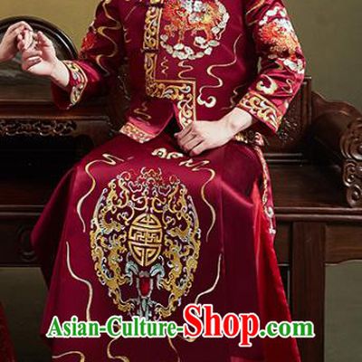 Chinese Traditional Embroidered Mandarin Jacket and Robe Wedding Tang Suit Ancient Bridegroom Costume for Men