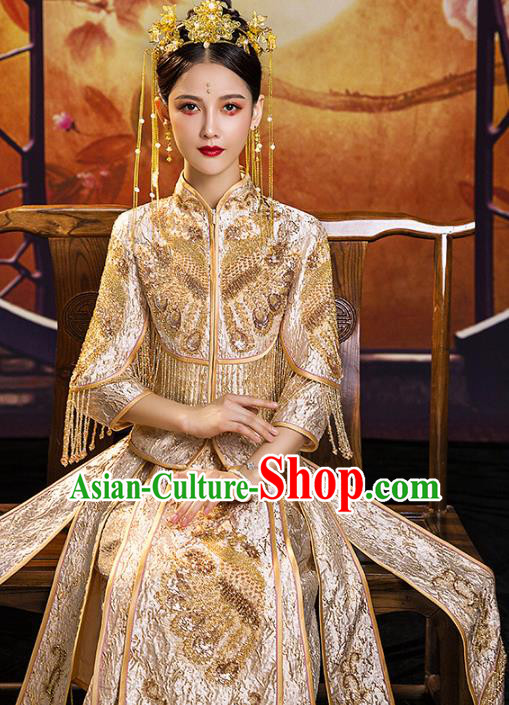 Chinese Traditional Embroidered Golden Xiuhe Suits Wedding Dress Ancient Bride Costume for Women Chinese Traditional Embroidered Golden Xiuhe Suits Wedding Dress Ancient Bride Costume for Women